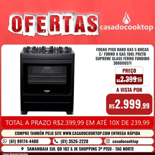 FOGAO PISO DAKO GAS 5 BOCAS C/ FORNO A GAS 100L PRETO SUPREME GLASS FERRO FUNDIDO 30000057