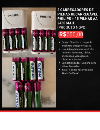 2 CARREGADORES DE PILHAS RECARREGÁVEL PHILIPS + 15 PILHAS 2450MAH