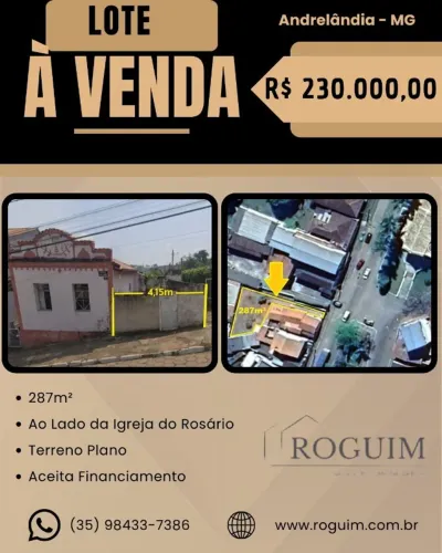 MG Lote 287m² à venda, terreno plano ao lado da Igreja do Rosário em Andrelândia MG