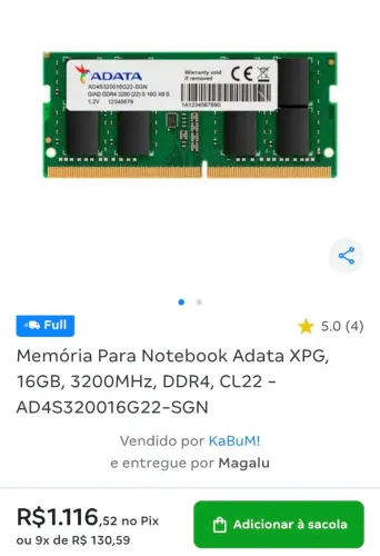 MEMÓRIA RAM NOTEBOOK DDR4 16GB 3200MHZ XPG