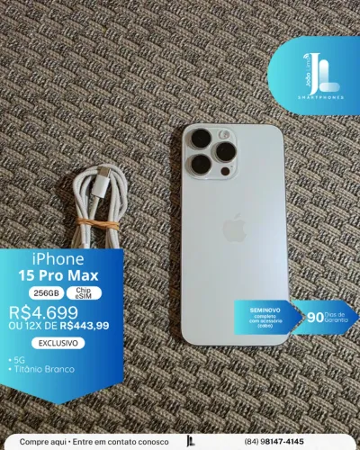 IPHONE 15 PRO MAX, 5G, 256GB, CHIP ESIM, TITÂNIO BRANCO, SEMINOVO , EXCLUSIVO!