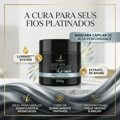 Máscara P/ CABELO (platinado intenso) Black Platinum 500g - Essence. Hair