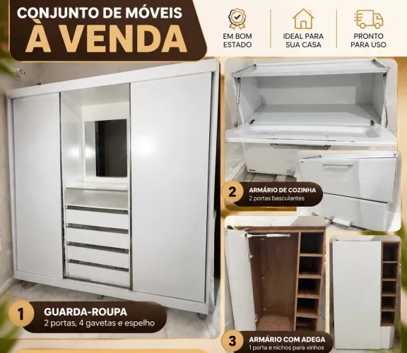 Conjunto de Móveis à Venda - Guarda-Roupa + 2 Armários por R$ 900