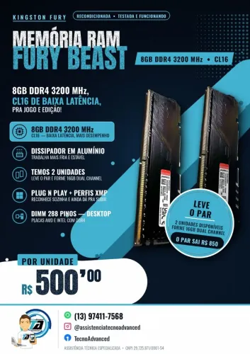 Memória RAM 8GB DDR4 3200MHz Kingston Fury Beast CL16 - Desktop