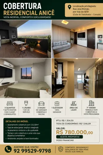 Cobertura Residencial Anicê | 131m² | 3 Quartos | Vista Privilegiada