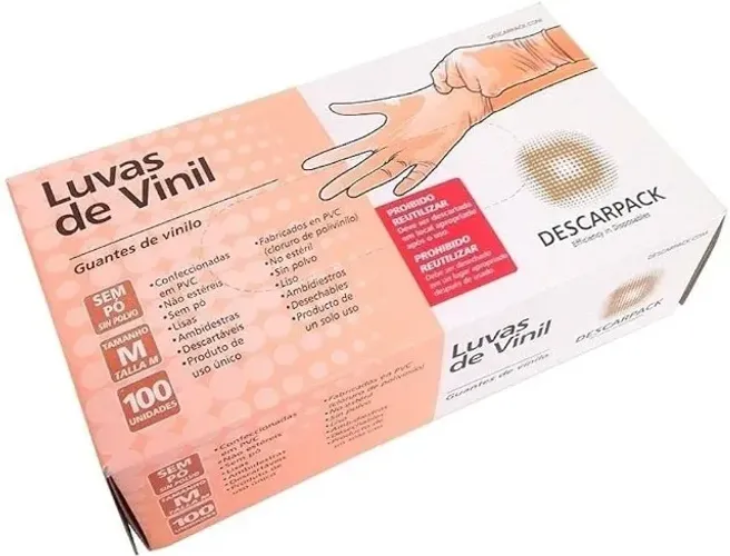 Luva Vinil Sem Pó Descarpack Descartável C/100 Tam: P/m/g Cor Transparente Tamanho M