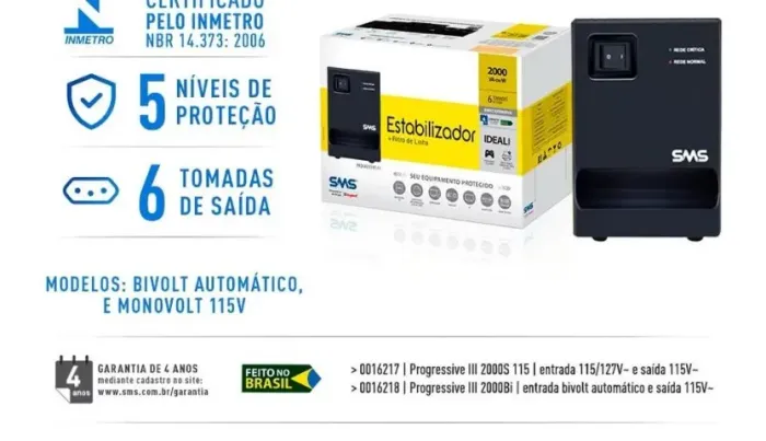 Estabilizador Bivolt, 2000va, 6 Tomadas, Progressive III, NT 16218 - SMS