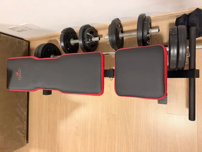Banco Regulável 3 Em 1  Declinado+2xBarras 40cm + Presilhas + 40Kg Anilhas