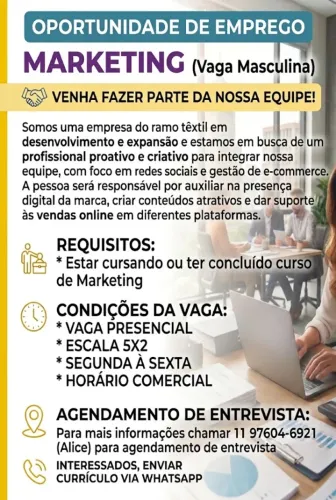 Vaga Marketing - Vaga Masculina