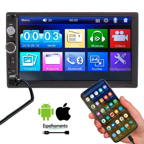 CENTRAL MULTIMÍDIA 2DIN  7" BLUETOOTH USB ESPELHAMENTO ANDROID IPHONE CARREGADOR CELULAR