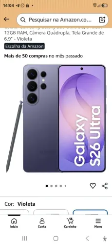 Samsung Galaxy S26 Ultra - 512GB (Novo, lacrado na caixa com NF) 12GB RAM - Violeta