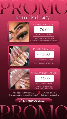 Alongamento de unhas, extensão de cílios, Sobrancelhas, Postiça realista.
