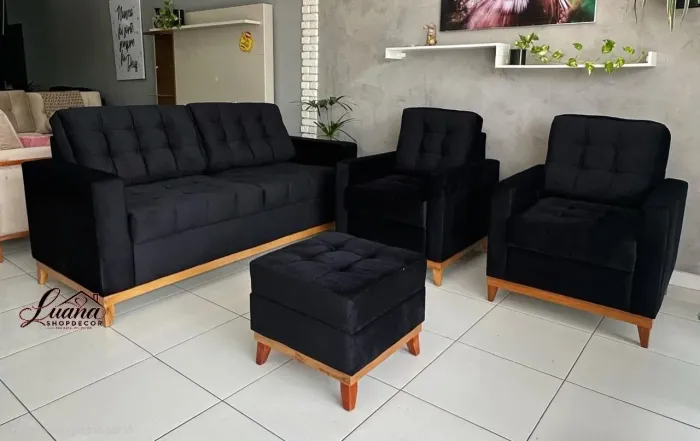 Kit Madri Sofá Luxo com 2 Poltronas e Puff 