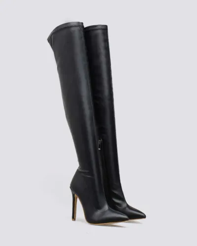Bota Preta Couro PU Bico Fino Salto Alto Cano Alto Acima do Joelho Over The Knee Com Zíper