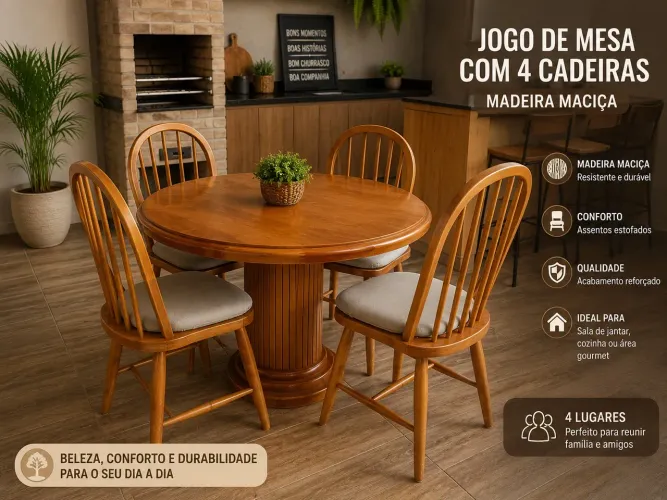 Mesa Redonda de Madeira Maciça com 4 Cadeiras 