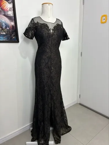 vestido longo de festa rigora renda preto e dourado m