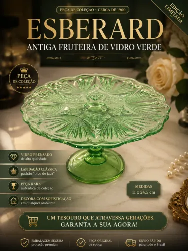 Antiga fruteira de coleção confeccionada em vidro prensado na cor verde RARIDADE