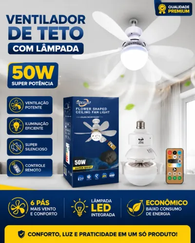Ventilador de Teto com Lâmpada LED 50W + Controle Remoto Econômico