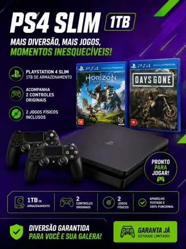 PS4 Slim 1TB + 2 Controles + 2 Jogos Físicos