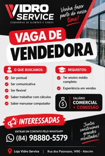 Vaga de vendedora / Assistente administrativo / Lapidador de vidros  