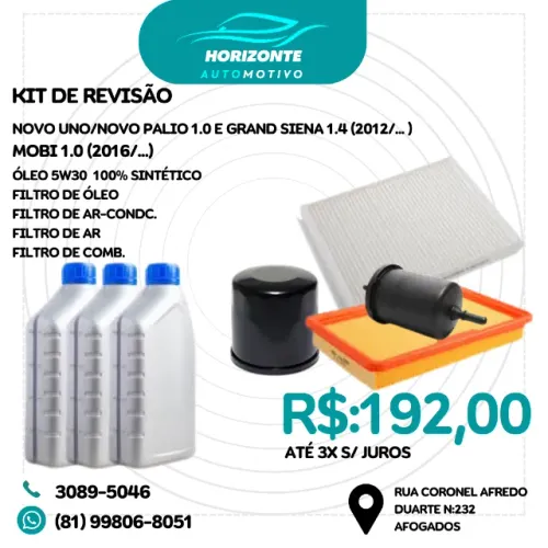 kit revisão filtros e óleo 5w30 100% sintético novo uno grand siena 1.4 12/ mobi 1.0 16/