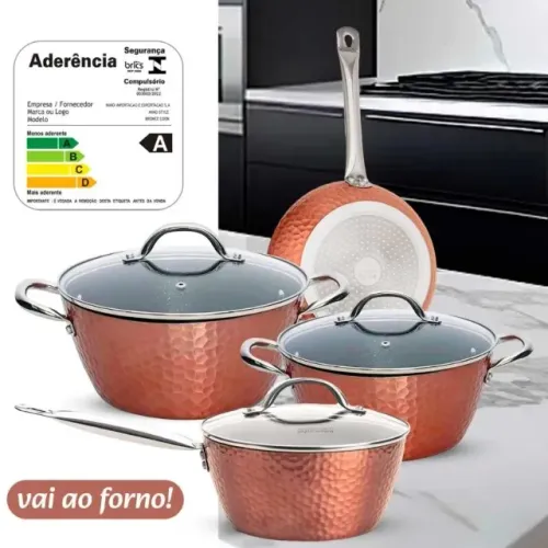Jogo de Panelas 4 peças antiaderente revestida indução e gás vai ao forno alumínio martela