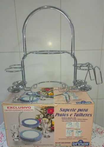 Suporte para pratos e talheres em aço inox cromado, marca brinox, com porta-guardanapos