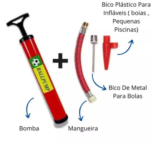 Bomba de ar para bola com mangueira bico de metal e bico plástico 