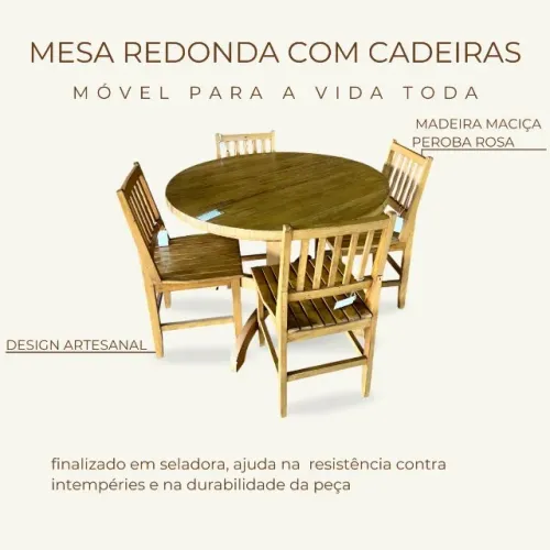 Conjunto mesa redonda com 4 cadeiras madeira maciça peroba rosa 