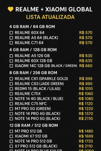 REALME + XIAOMI GLOBAL LISTA ATUALIZADA