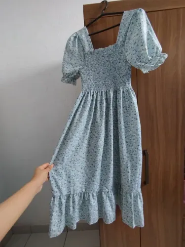Vestido Midi de Chiffon Casual para Verão - Manga Curta e Gola Quadrada
