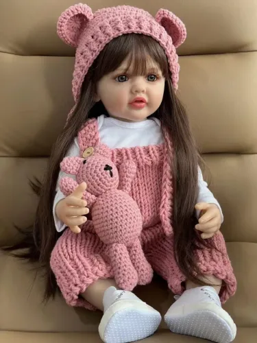 Boneca Bebe Reborn realista cabelos grandes 55 cm corpo silicone com acessórios