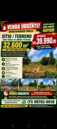 #TERRENO/SÍTIO 32.600m² EM SIMÕES FILHO POR APENAS R$ 33.000!<br>