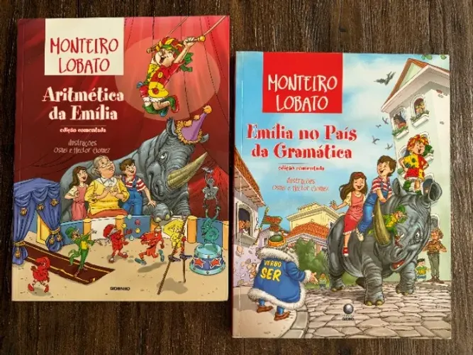 Kit com 2 livros de Monteiro Lobato: "Aritmética da Emília" e "Emília no País da Gramática
