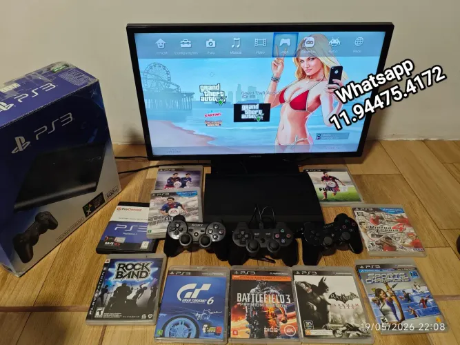 Ps3 super slim 500gb destravado hen + 10 jogos mídia física completo na caixa 