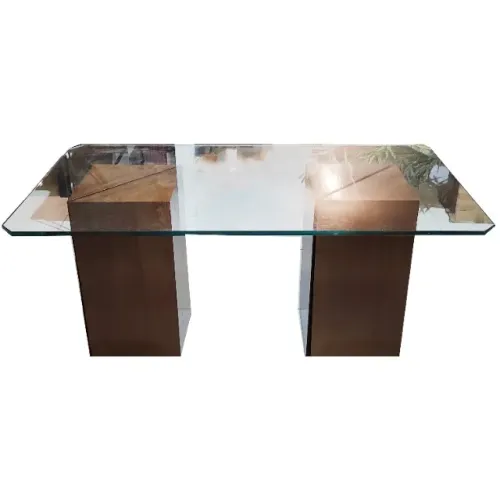 Mesa de jantar com tampo de vidro e dois cavaletes em madeira 170 x 90