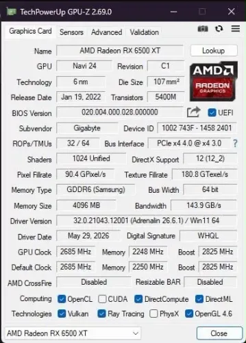 placa de vídeo RX6500 XT