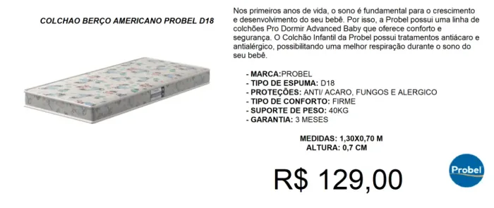 COLCHÃO PARA BERÇO AMERICANO PROBEL D18