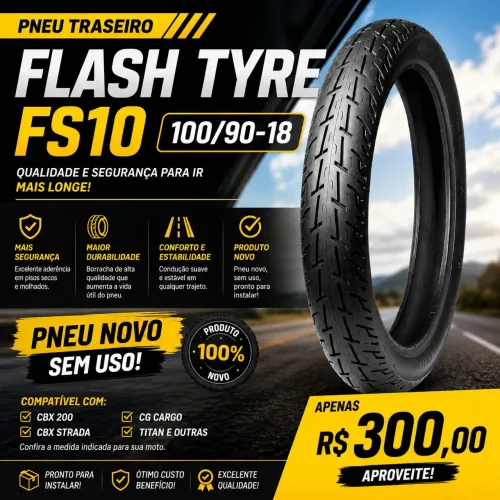 ? PNEU TRASEIRO FLASH TYRE FS10 100/90-18 ? NOVO<br>? PNEU 100% NOVO, SEM USO!
