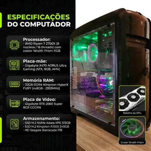 PC GAMER + MONITOR 24" 165Hz - RYZEN 7 - RTX 2060 SUPER 8GB - 32GB RAM DDR4