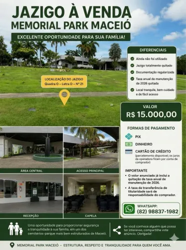 Venda de um jazido no Memorial Park Maceió 