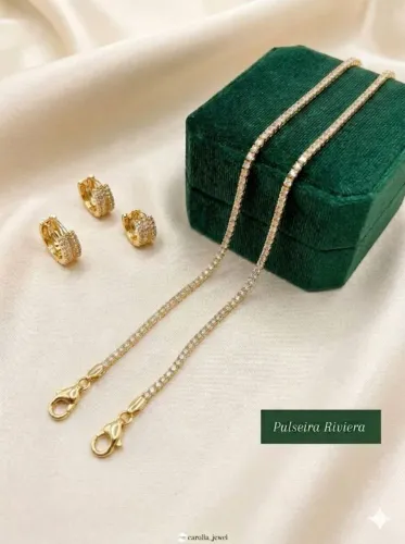 Semijoias banho em ouro 18K Pulseira Riviera e trio de argolas