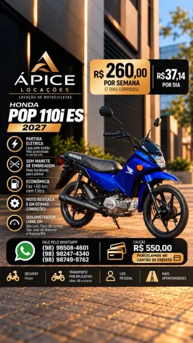 Aluguel de Moto Honda Pop 110i ES 26/27 R$ 260,00 SEMANAL | Ápice Locações