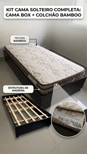 Conjunto Cama de Solteiro (Base de Madeira Preta) + Colchão BF Bambu EP TF