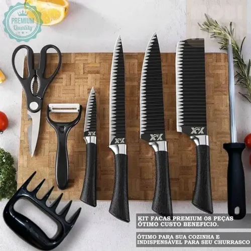 Jogo Facas com 8 peças em Inox Profissional Kit Churrasco