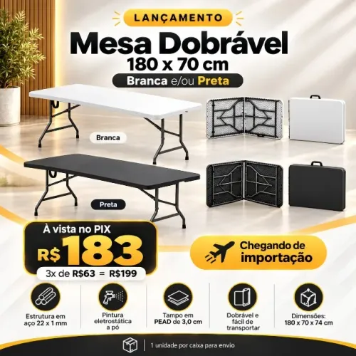 Mesa Dobrável Portátil 1,80 m - Festas, Churrascos e Eventos