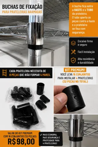 Kit Premium 32 Buchas para Prateleira Aramada | 16 Conjuntos | Instala 4 Prateleiras