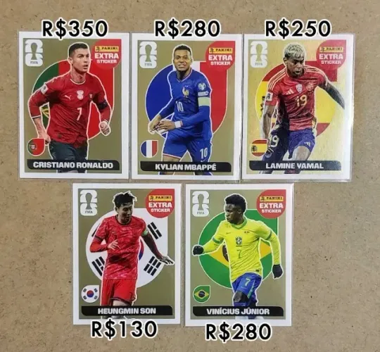 Figurinhas Legend Ouro Gold Cristiano Ronaldo CR7 Mbappé Yamal Vini Jr FIFA 2026