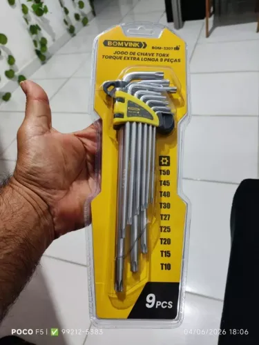 Jogo Chave Torx Tipo L Com 9 Peças T10 A T50 C/Furo Aço Cromo Vanádio Resistente