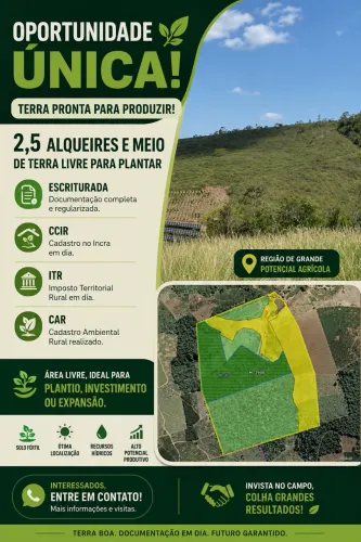 Terreno com 2,5 alqueires de terra, com área livre para plantio!